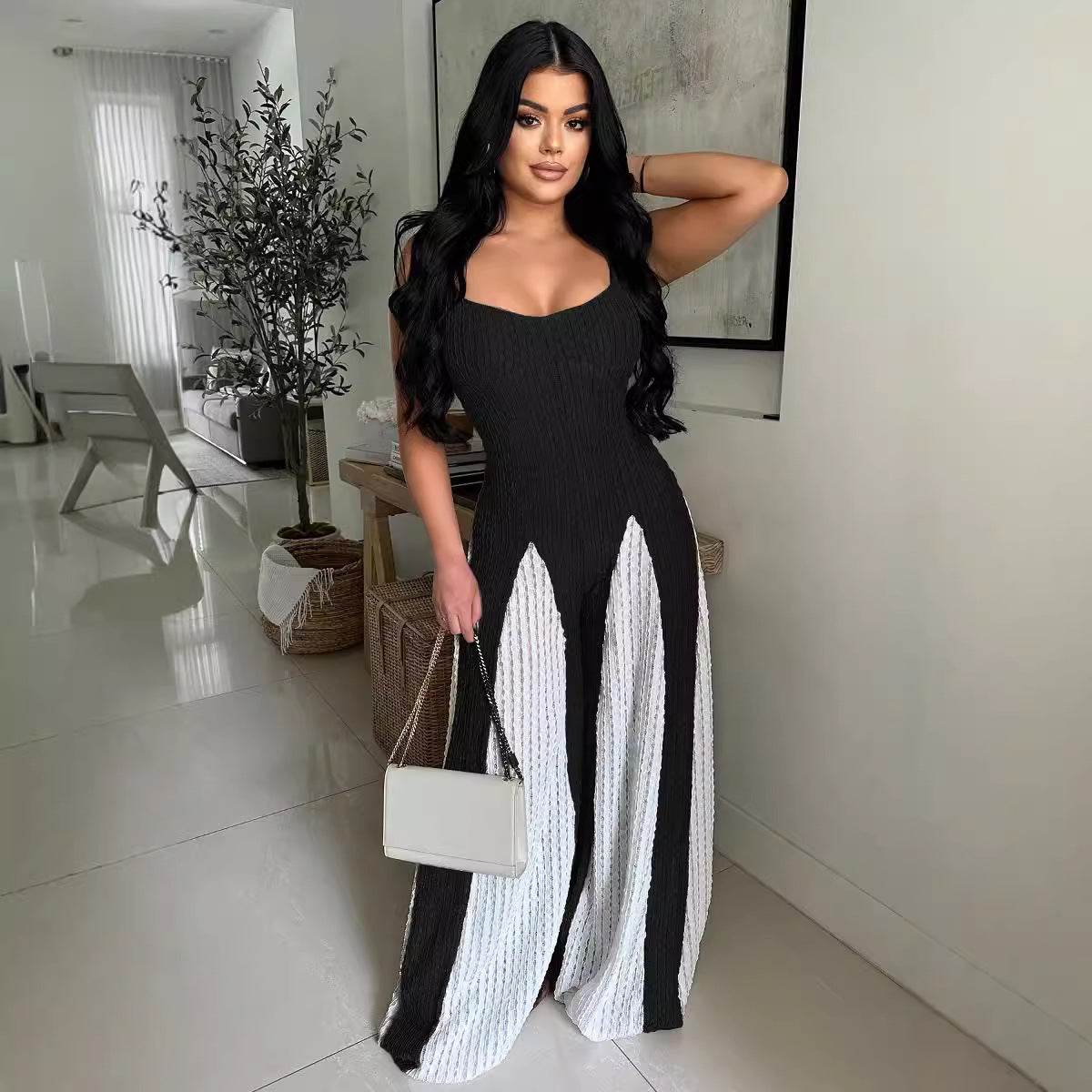 Trendy Wide Leg Knitted Jumpsuit - Sexy Cutout Design & Contrast Colors - Buy Center