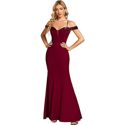 Women's Off-Neck Sling Evening Dress - Short Sleeve, Distressed Style - Buy Center