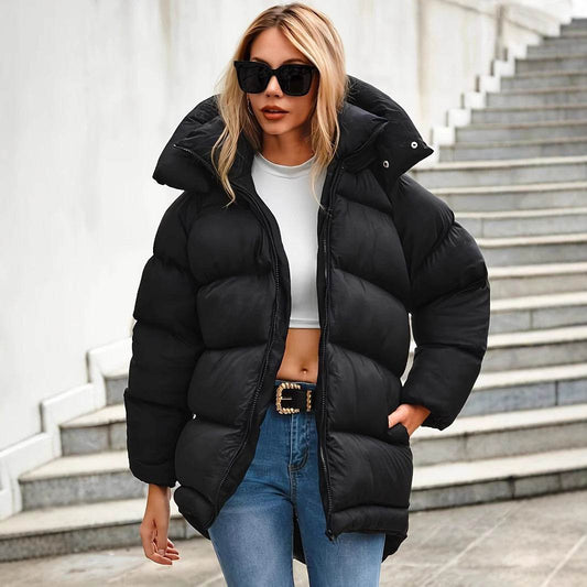 Women's Cotton-Padded Jacket - Warm Mid-Length Coat in Black & Blue - Buy Center