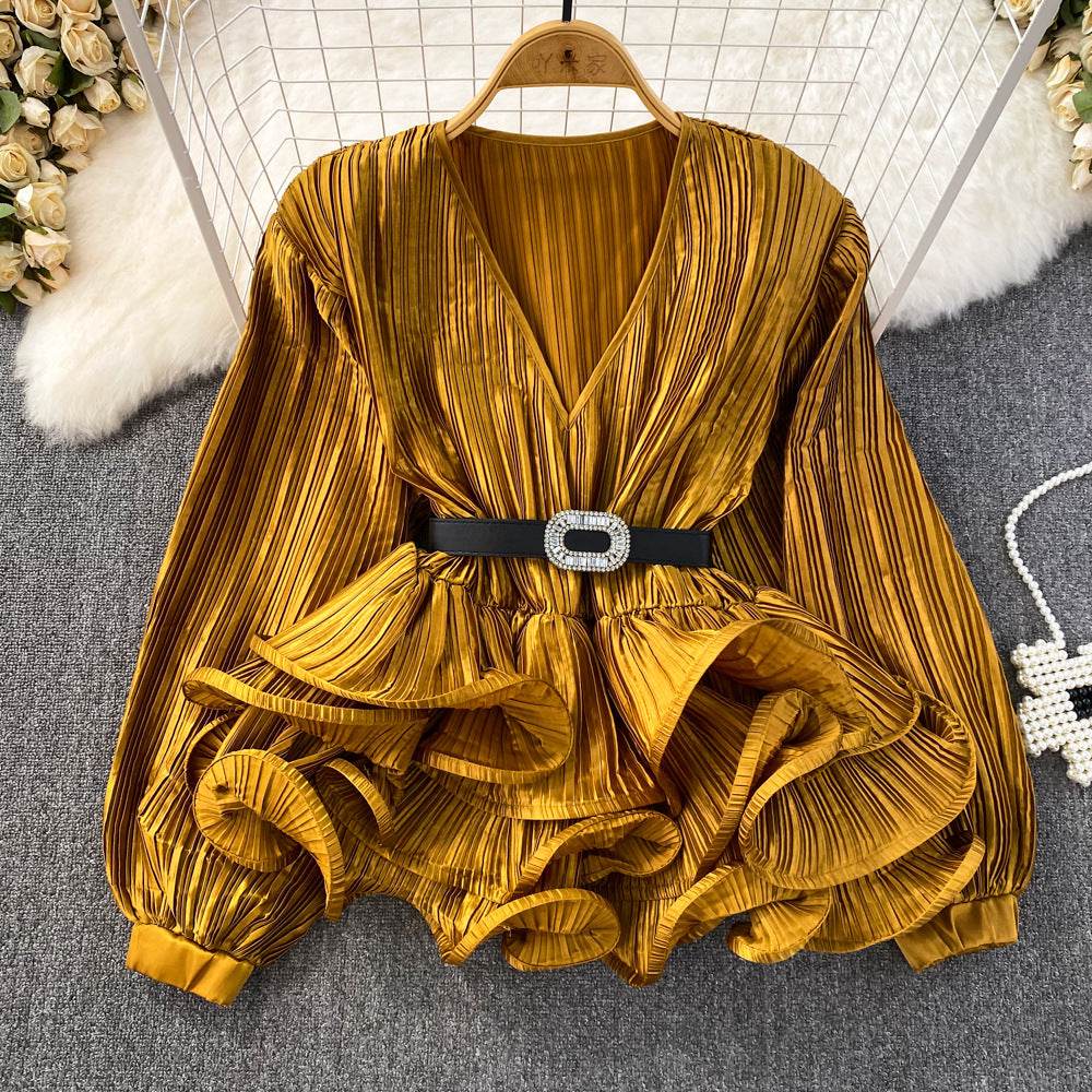 Lantern Sleeve V-Neck Pullover Shirt - Stylish Free Size Blouse for 2025 - Buy Center