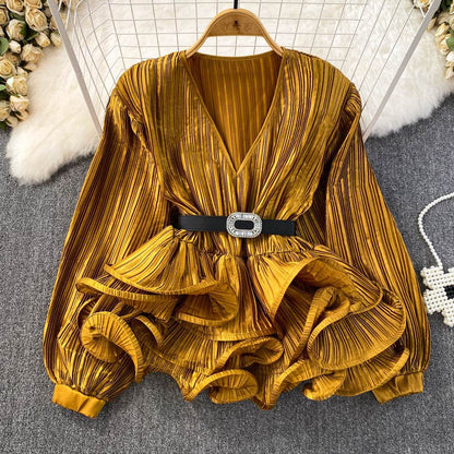 Lantern Sleeve V-Neck Pullover Shirt - Stylish Free Size Blouse for 2025 - Buy Center