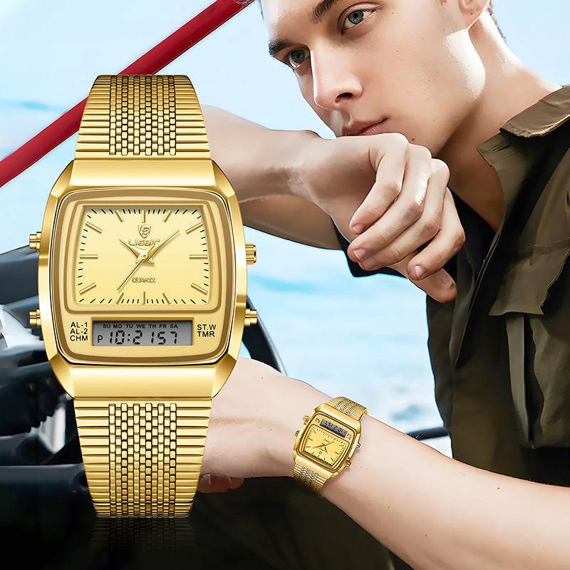 Buycenter Waterproof Mesh Belt Quartz Watch - Double Display, Stylish Gold - Buy Center