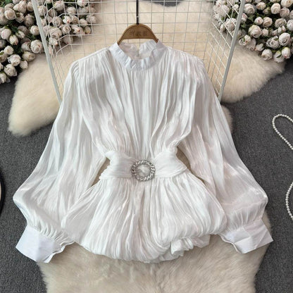French Style Light Luxury Top for Women - Elegant Lantern Sleeves - Buy Center