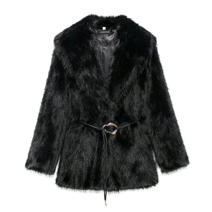 New Faux Fur Lapel Coat - Stylish Waist Tight Jacket for Chic Looks - Buy Center