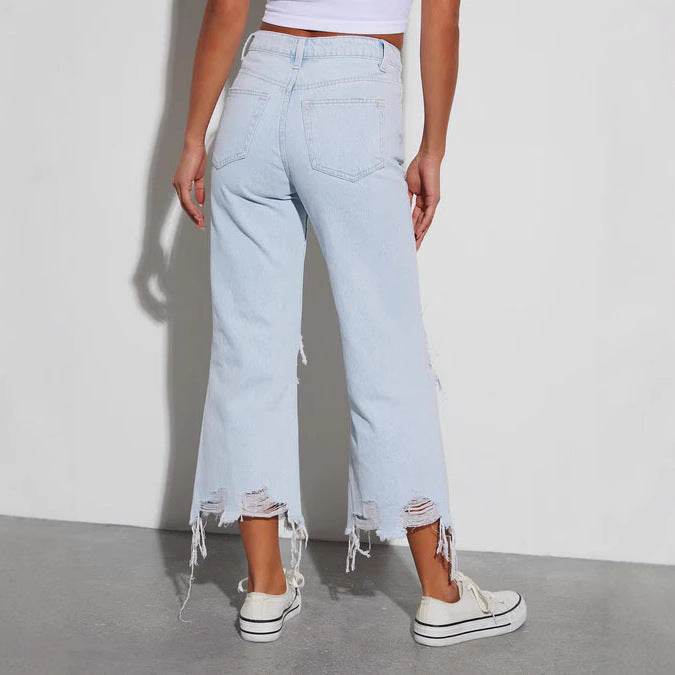 Women's Ripped Cropped Jeans - Casual Loose Fit, Mid Waist Style - Buy Center
