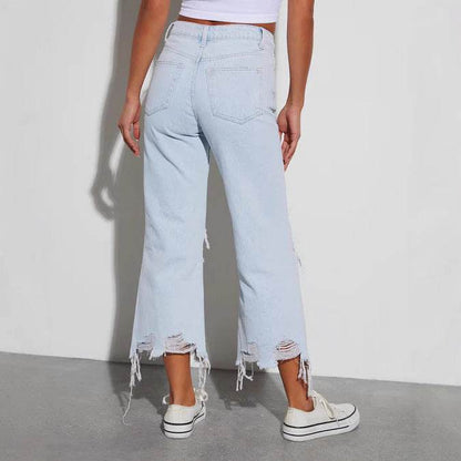 Women's Ripped Cropped Jeans - Casual Loose Fit, Mid Waist Style - Buy Center