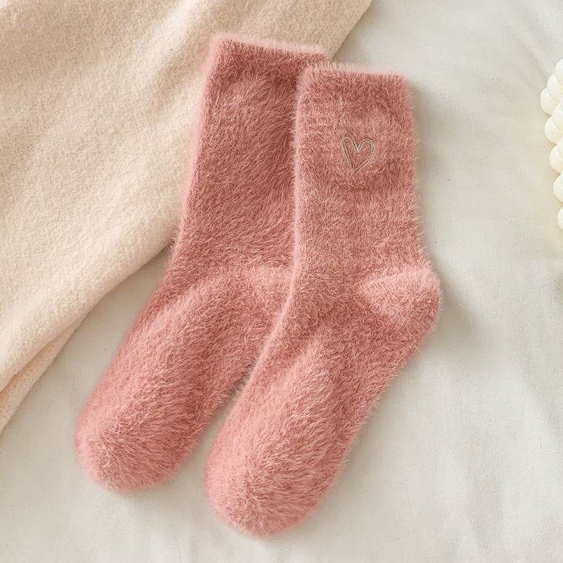 Women's Love Embroidered Plush Socks - Cozy Mink Fur, Non-Slip Design - Buy Center
