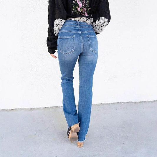 Buycenter Women's High Waist Jeans - Straight Leg, Double Button Design - Buy Center