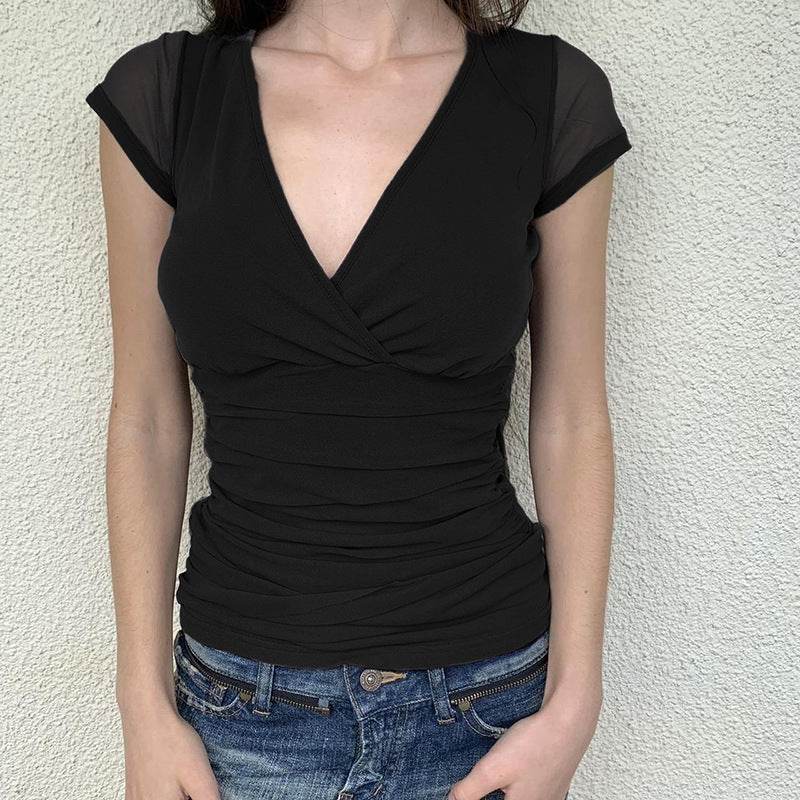 Buycenter Deep V Design Ladies Short Sleeve - Pleated Mesh Top, Black - Buy Center