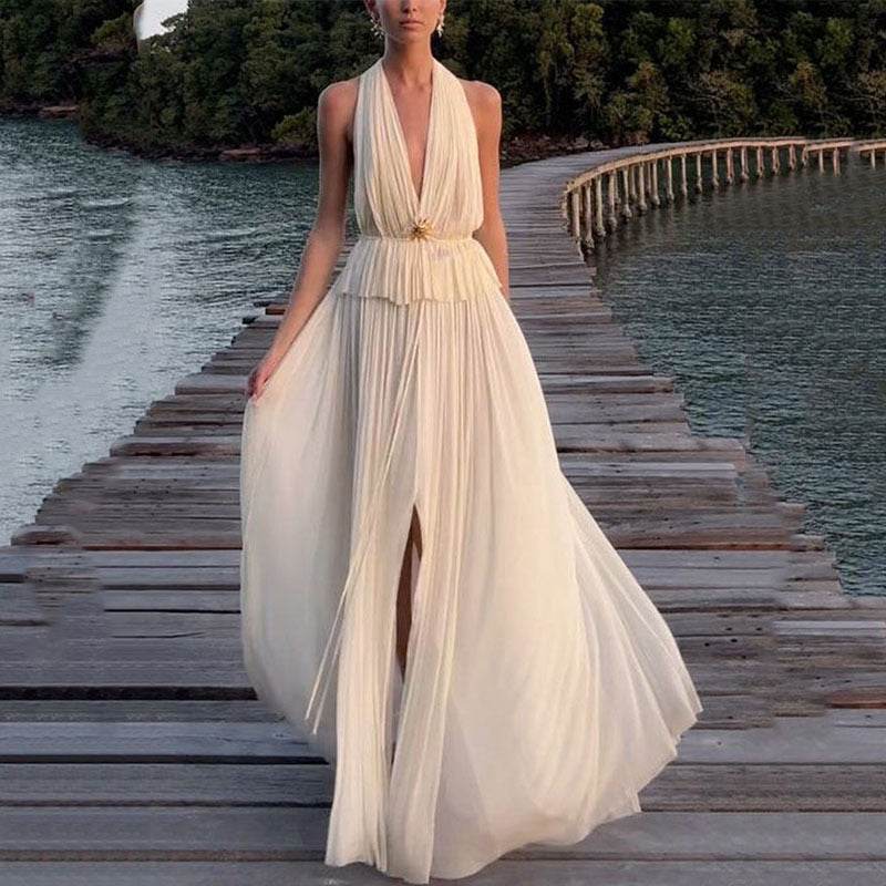 Buycenter Sexy Deep V Pleated Chiffon Dress - Elegant Two-Piece Suit - Buy Center