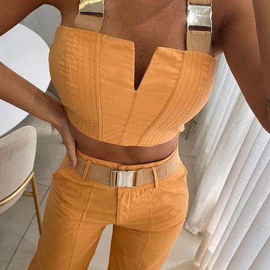 Buycenter Two-Piece Set - Elegant Crop Top & High Waist Pants, Orange - Buy Center