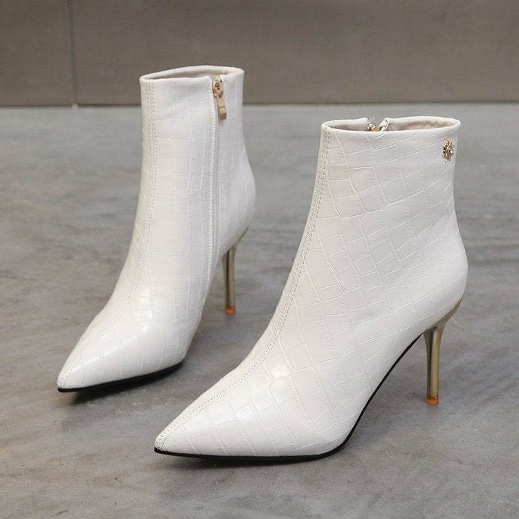 Stone Pointed Patent Leather Stiletto Boots - Waterproof Mid Heel Style - Buy Center