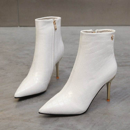 Stone Pointed Patent Leather Stiletto Boots - Waterproof Mid Heel Style - Buy Center
