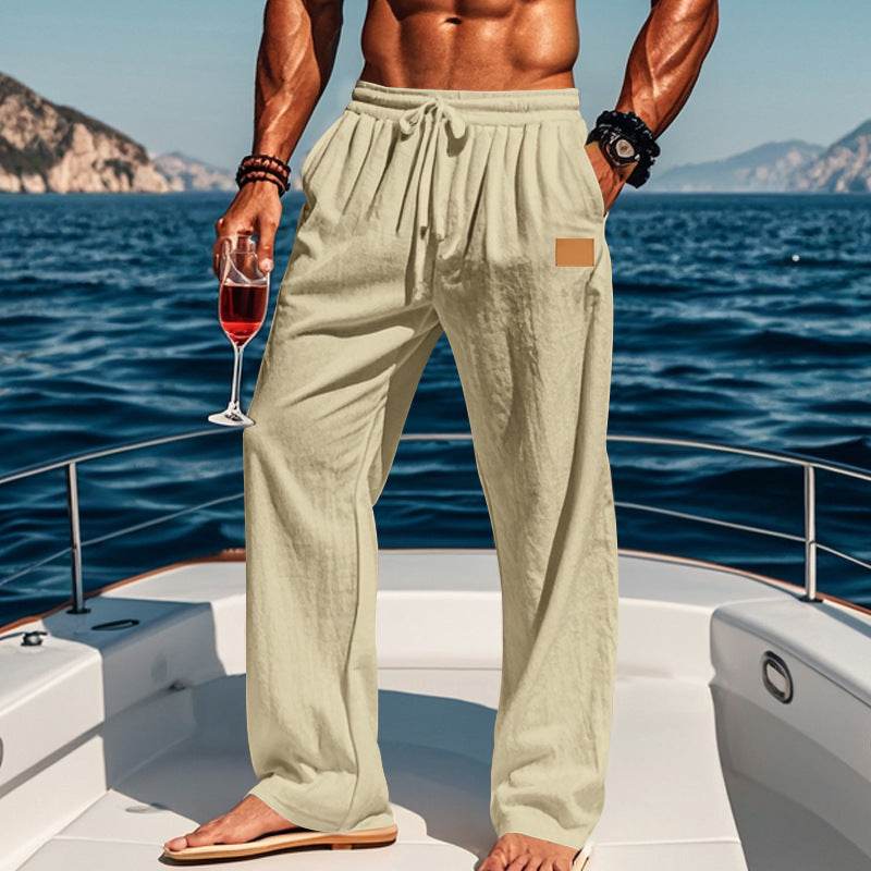 Buycenter Men's Cotton Linen Drawstring Pants - Casual Straight Leg Style - Buy Center