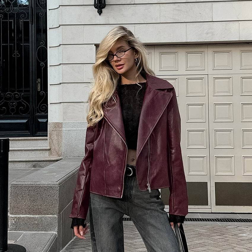 Wine Red Faux Leather Suit Jacket - Stylish Long Sleeve Outerwear 2025 - Buy Center