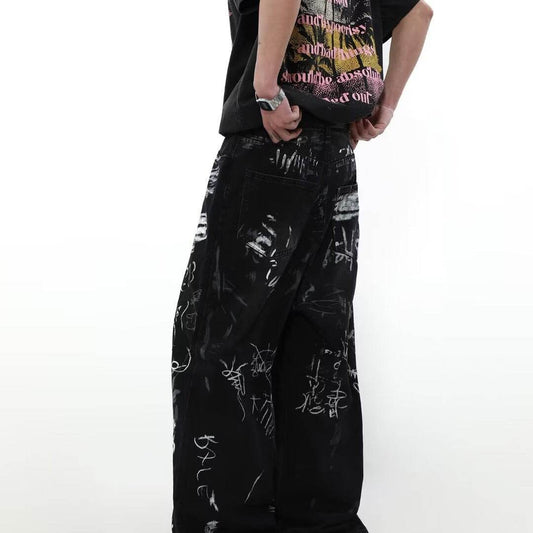 Men's Distressed Black Jeans - Loose Fit Graffiti Print Streetwear Style - Buy Center