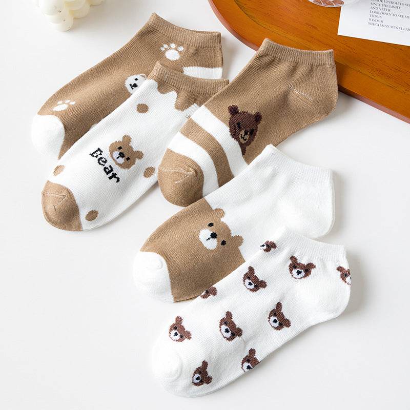 Cute Brown Bear Low-Cut Women's Socks - 5 Pairs of Fun Style - Buy Center