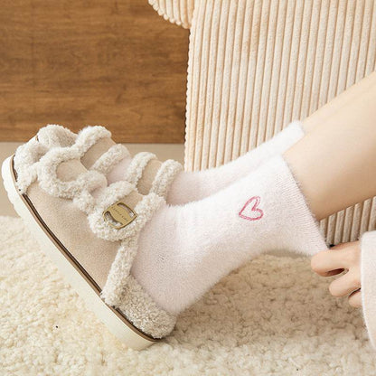 Women's Love Embroidered Plush Socks - Cozy Mink Fur, Non-Slip Design - Buy Center