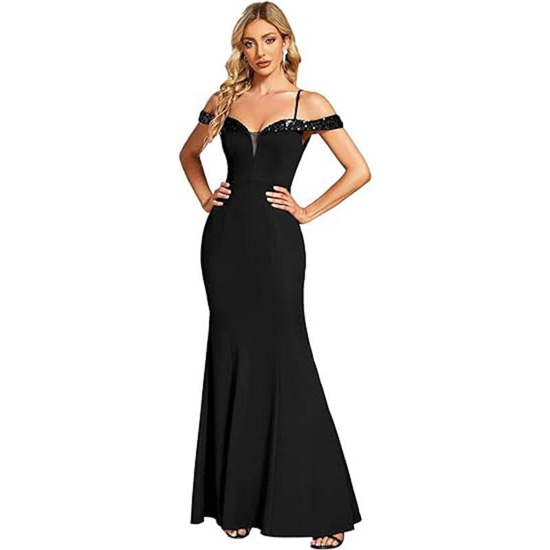 Women's Off-Neck Sling Evening Dress - Short Sleeve, Distressed Style - Buy Center
