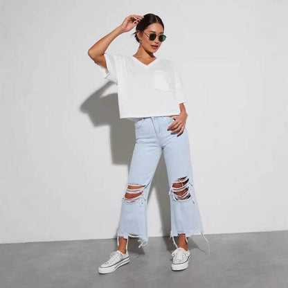 Women's Ripped Cropped Jeans - Casual Loose Fit, Mid Waist Style - Buy Center