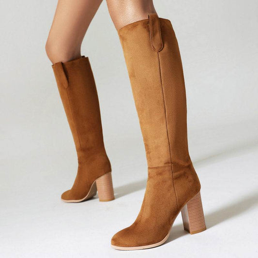 Buycenter Long Suede Boots for Women - Chunky Heel, Round Toe Style - Buy Center