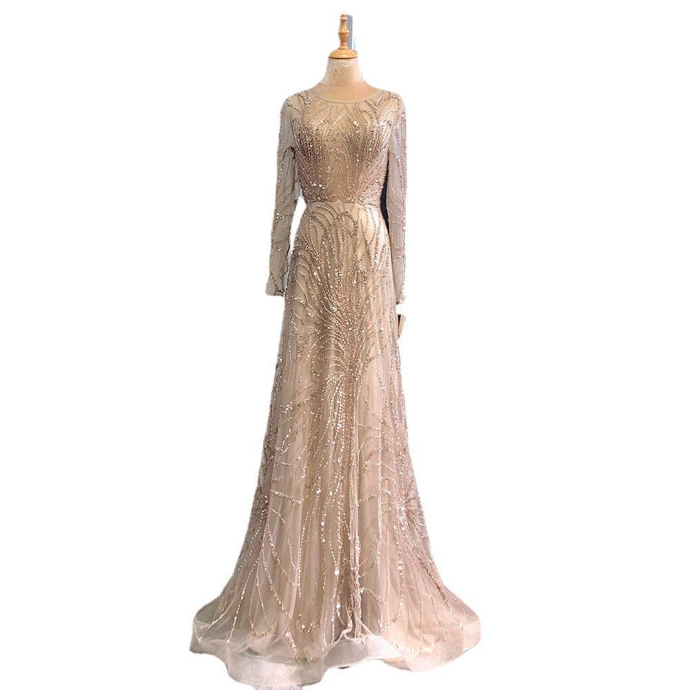 Light Luxury Evening Dress - Elegant Caramel Color with Long Sleeves - Buy Center