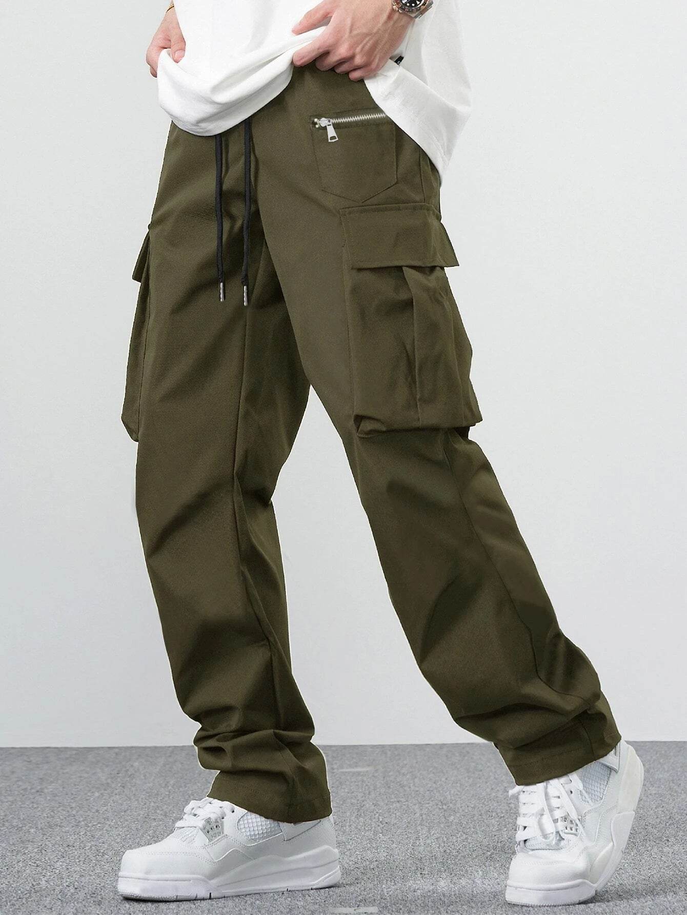 Casual Multi-Pocket Men's Overalls - Solid Color & Mid-Waist Style - Buy Center