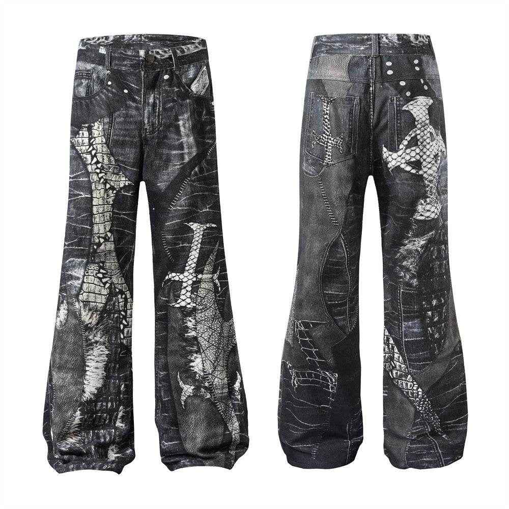 Men's Dark Digital Print Horn Jeans - Stylish Cotton Blend for Comfort