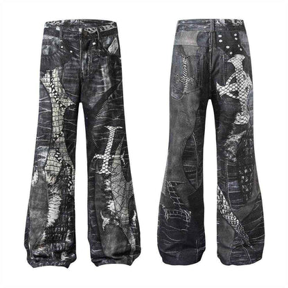 Men's Dark Digital Print Horn Jeans - Stylish Cotton Blend for Comfort