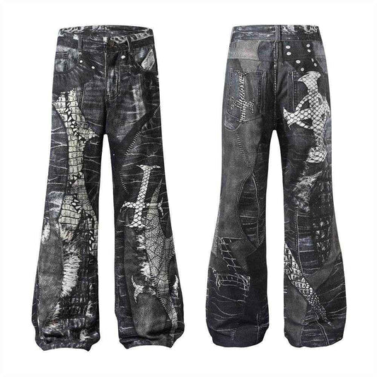 Men's Dark Digital Print Horn Jeans - Stylish Cotton Blend for Comfort