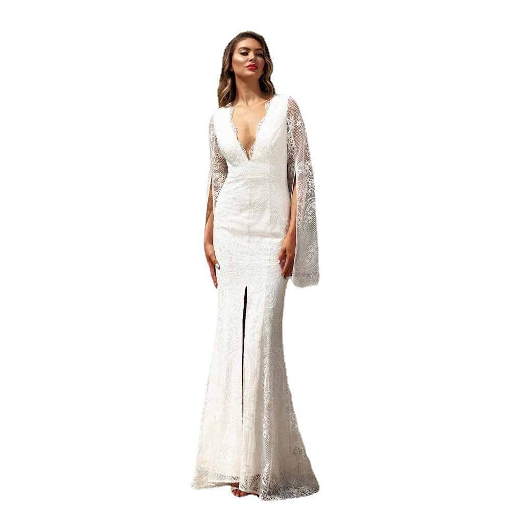 Elegant White Banquet Dress - Slimming Design with Trendy Flying Sleeves - Buy Center