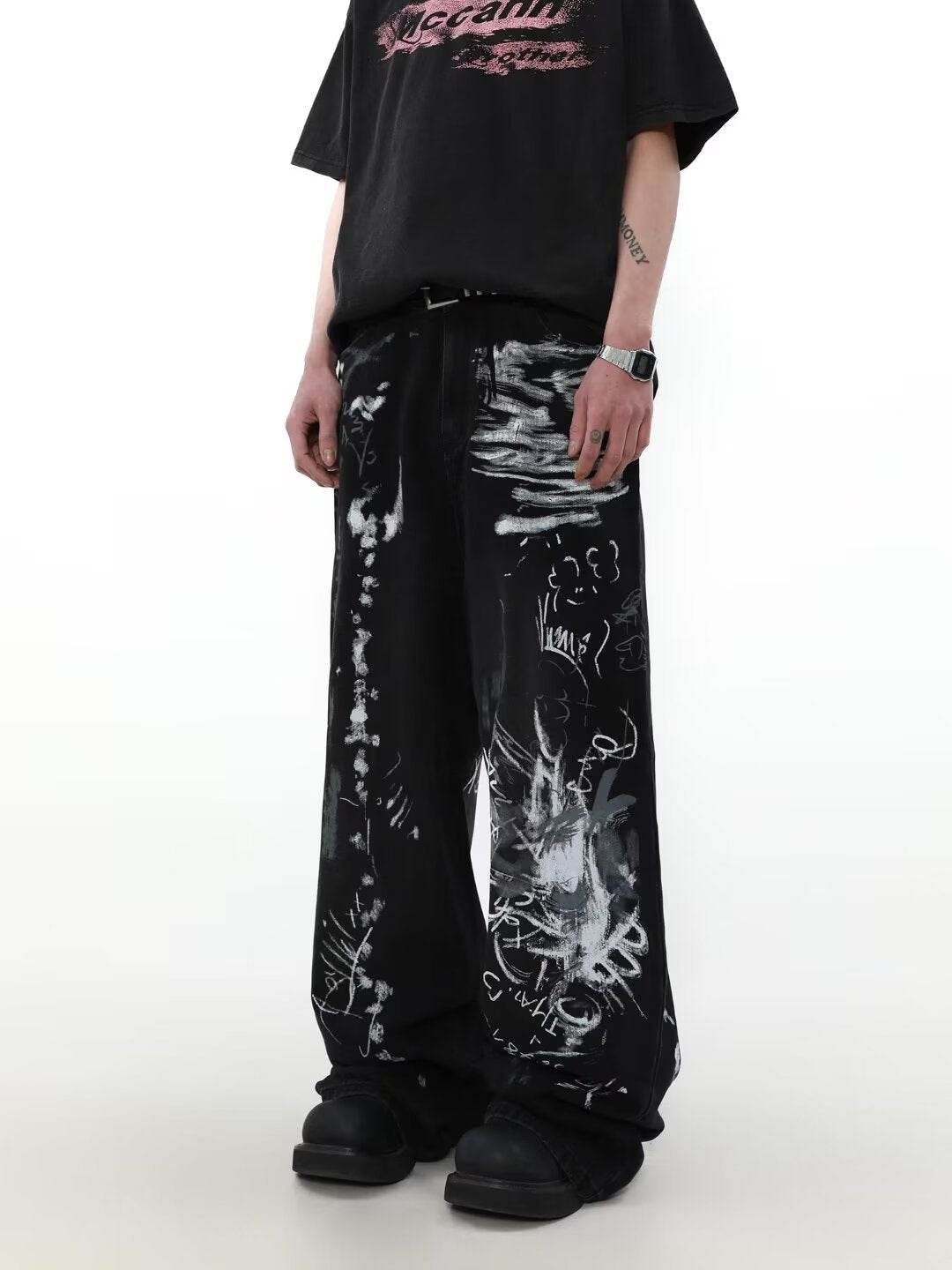 Men's Distressed Black Jeans - Loose Fit Graffiti Print Streetwear Style - Buy Center