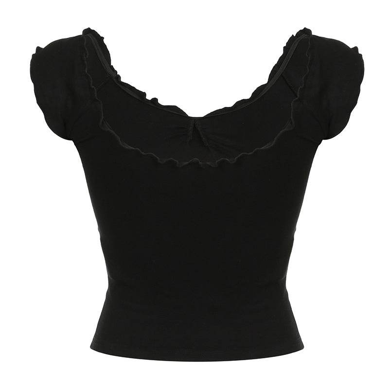 Lace Chest Slimming Top - Short Sleeve Black Pullover for Modern Style - Buy Center