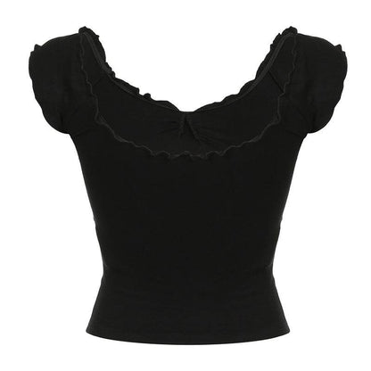 Lace Chest Slimming Top - Short Sleeve Black Pullover for Modern Style - Buy Center
