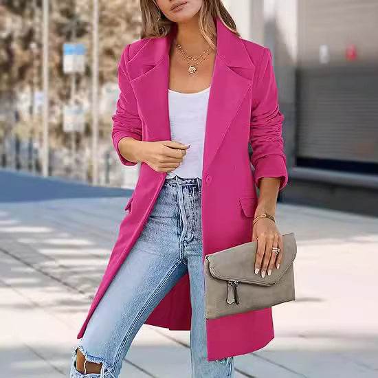 Women's Woolen Cardigan Coat - Stylish Rose Red, Green, Yellow, Black - Buy Center