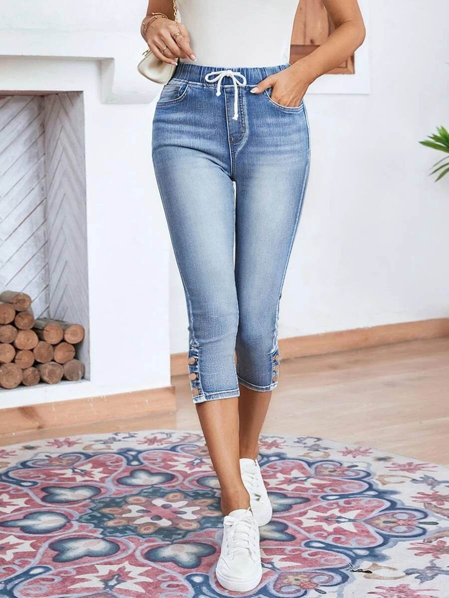 Buycenter Women's Stretch Jeans - Elastic Waistband & Lace-up Design - Buy Center
