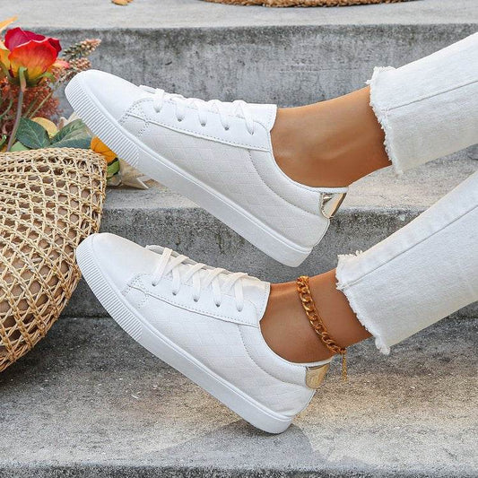 Buycenter Women's Lace-Up Sneakers - Casual White Flats in Plus Sizes - Buy Center