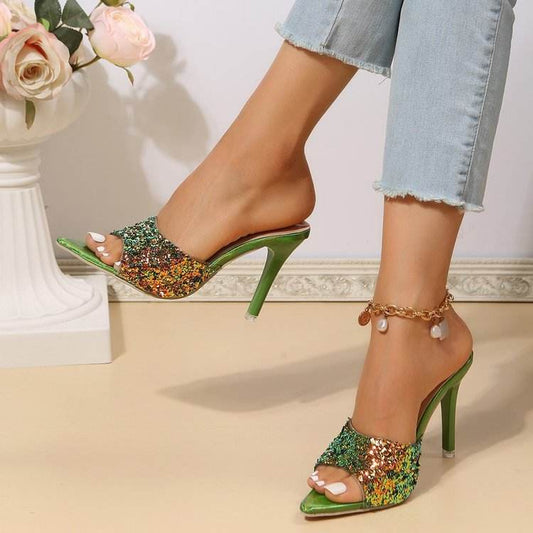 Buycenter Sequin High Heels Sandals - European Style, Pointed Toe - Buy Center