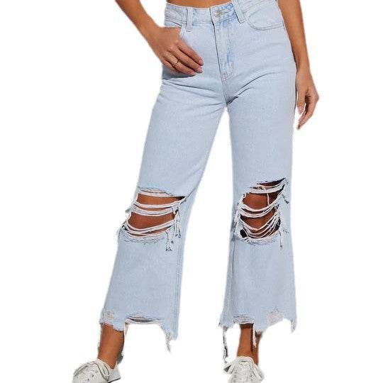 Women's Ripped Cropped Jeans - Casual Loose Fit, Mid Waist Style - Buy Center