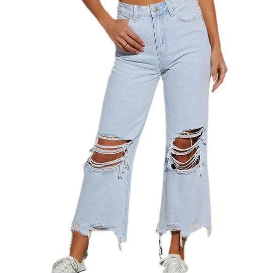 Women's Ripped Cropped Jeans - Casual Loose Fit, Mid Waist Style - Buy Center