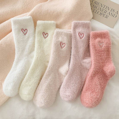 Women's Love Embroidered Plush Socks - Cozy Mink Fur, Non-Slip Design - Buy Center