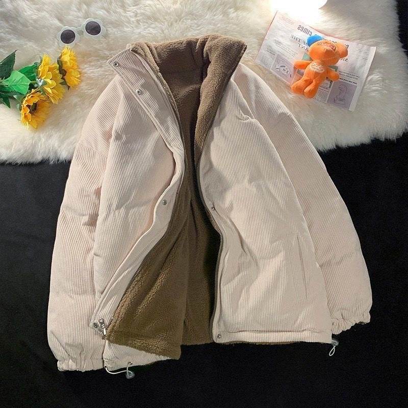 Urban Style Corduroy Jacket - Two-Sided Lambswool in Apricot & Blue - Buy Center