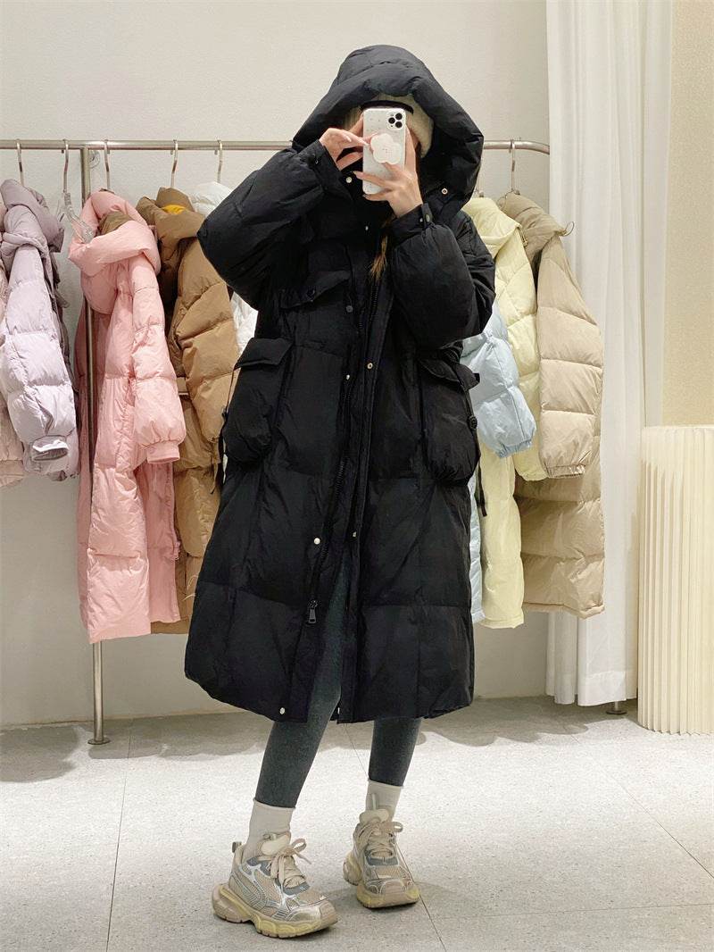 Buycenter Women's Over-the-Knee Quilt Down Jacket - Korean Style, Thick & Cozy - Buy Center