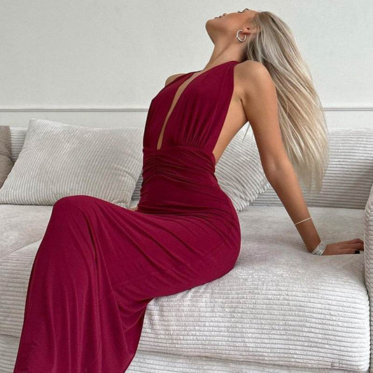 Buycenter Women's V-neck Halter Dress - Backless High Waist Style - Buy Center