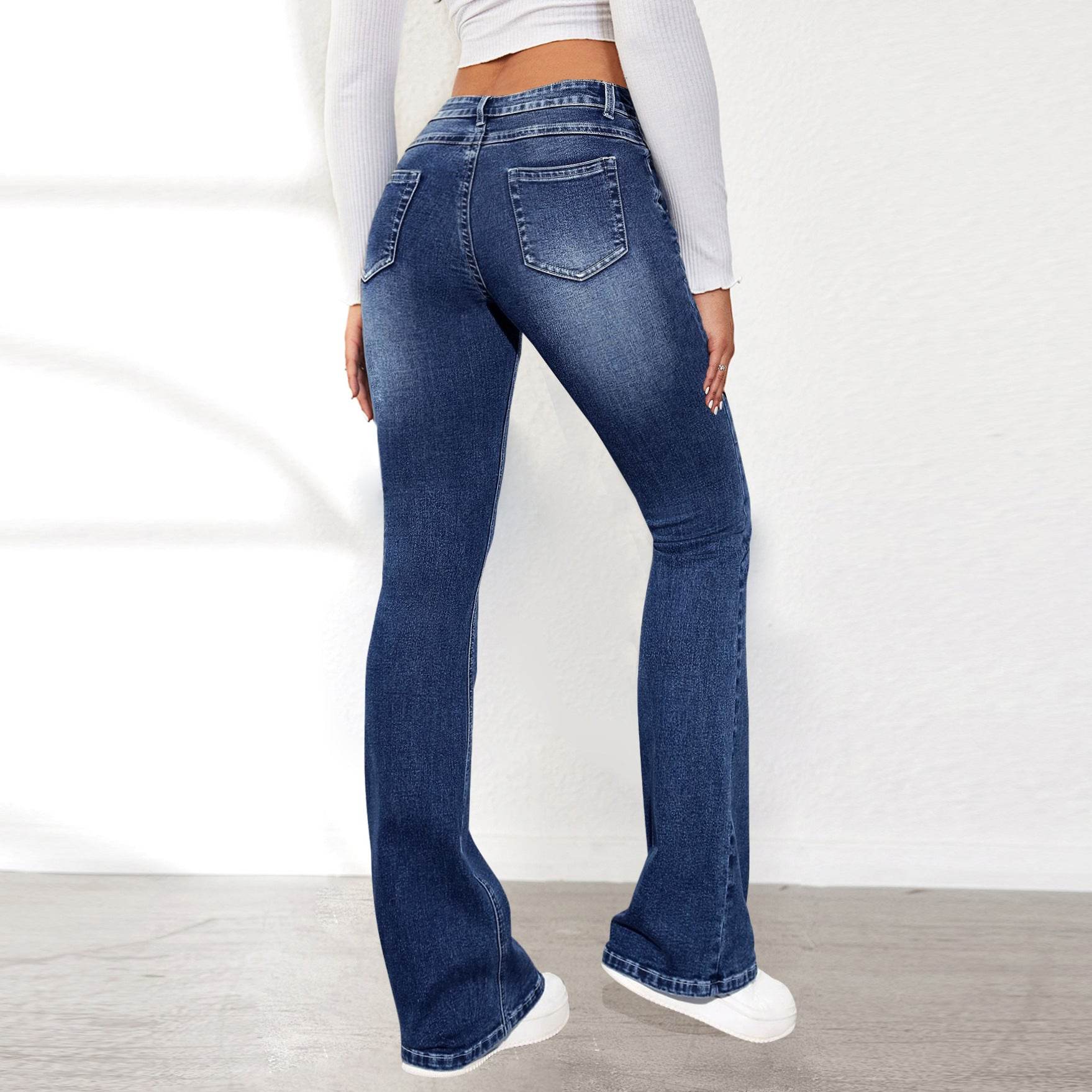 Buycenter Women's Retro Washed Denim Stretch Pants - High Waist, Comfy Fit - Buy Center