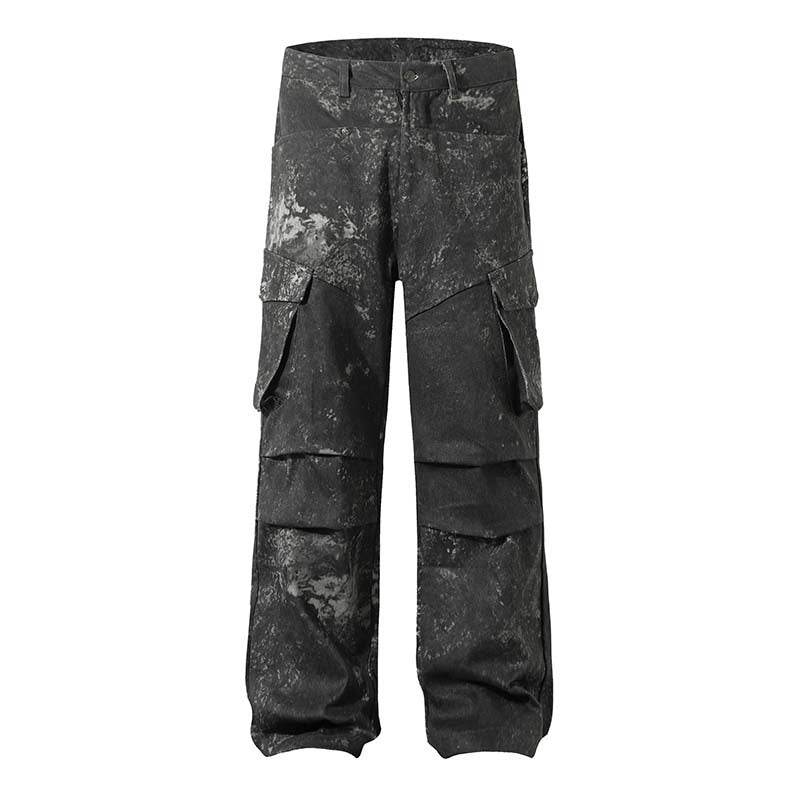 Men's Distressed Cargo Pants - Multi-Pocket, Trendy Splashed Ink Style - Buy Center