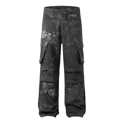 Men's Distressed Cargo Pants - Multi-Pocket, Trendy Splashed Ink Style - Buy Center