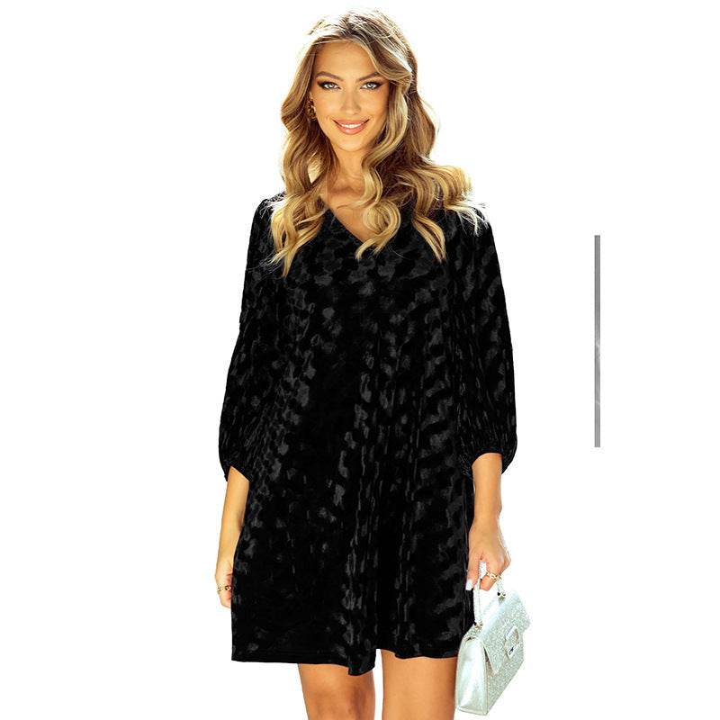 Autumn Velvet V-Neck Dress - Elegant Lantern Sleeves & Flattering Fit - Buy Center