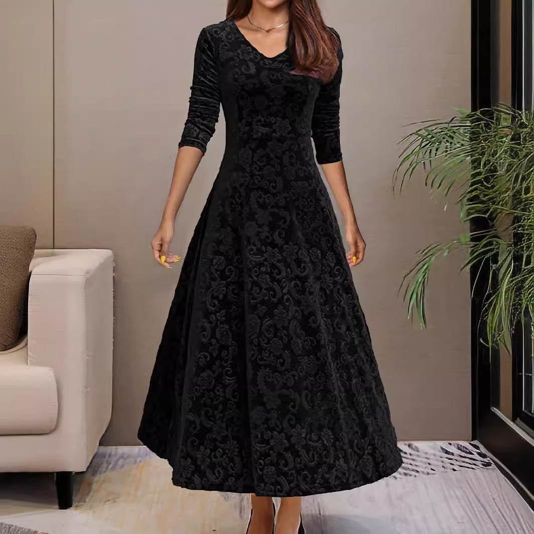 Buycenter Women's Mid-Length Velvet Dress - A-Line, Solid Colors Available - Buy Center