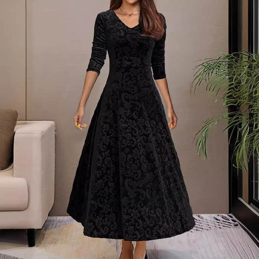 Buycenter Women's Mid-Length Velvet Dress - A-Line, Solid Colors Available - Buy Center